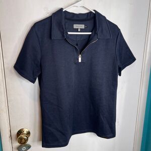 navy blue Mauvais waffle-knit short-sleeve quarter-zip polo shirt